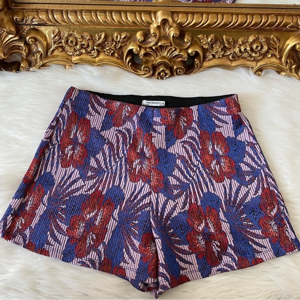 Zara Red and Blue Floral High Waist Shorts glitter